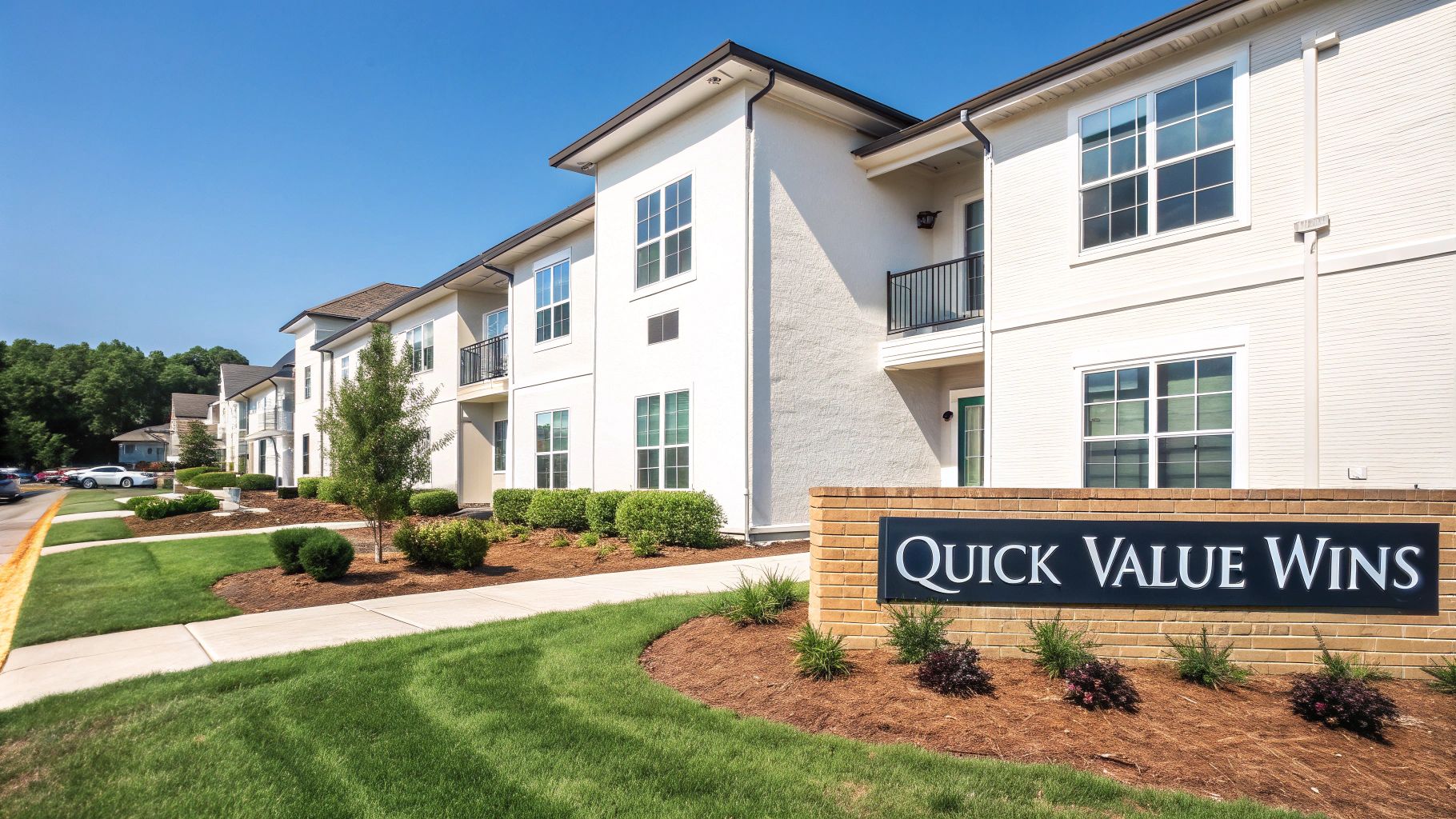 Modern white apartment buildings with well-maintained landscaping and a prominent 'Quick Value Wins' sign.