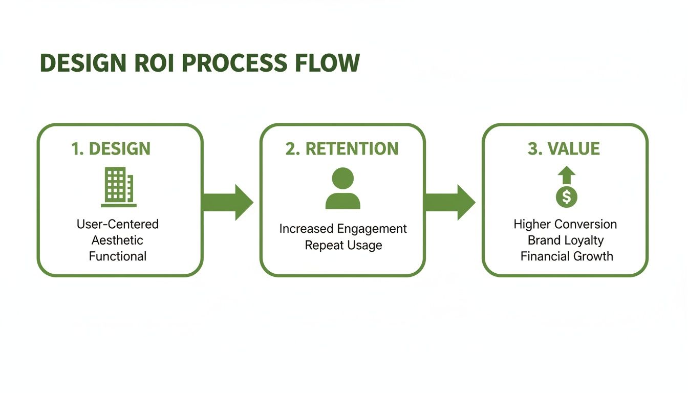 Flowchart illustrating the Design ROI Process, moving from design principles to user retention and business value.