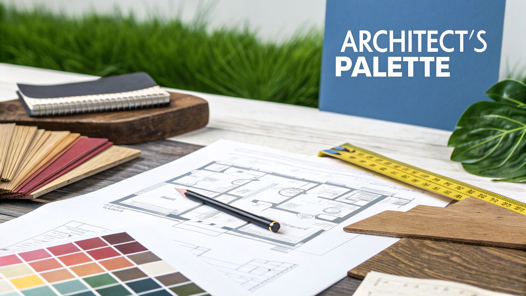 An architect's desk with blueprints, color palette, wood samples, ruler, and a pencil, featuring an "Architect's Palette" sign.
