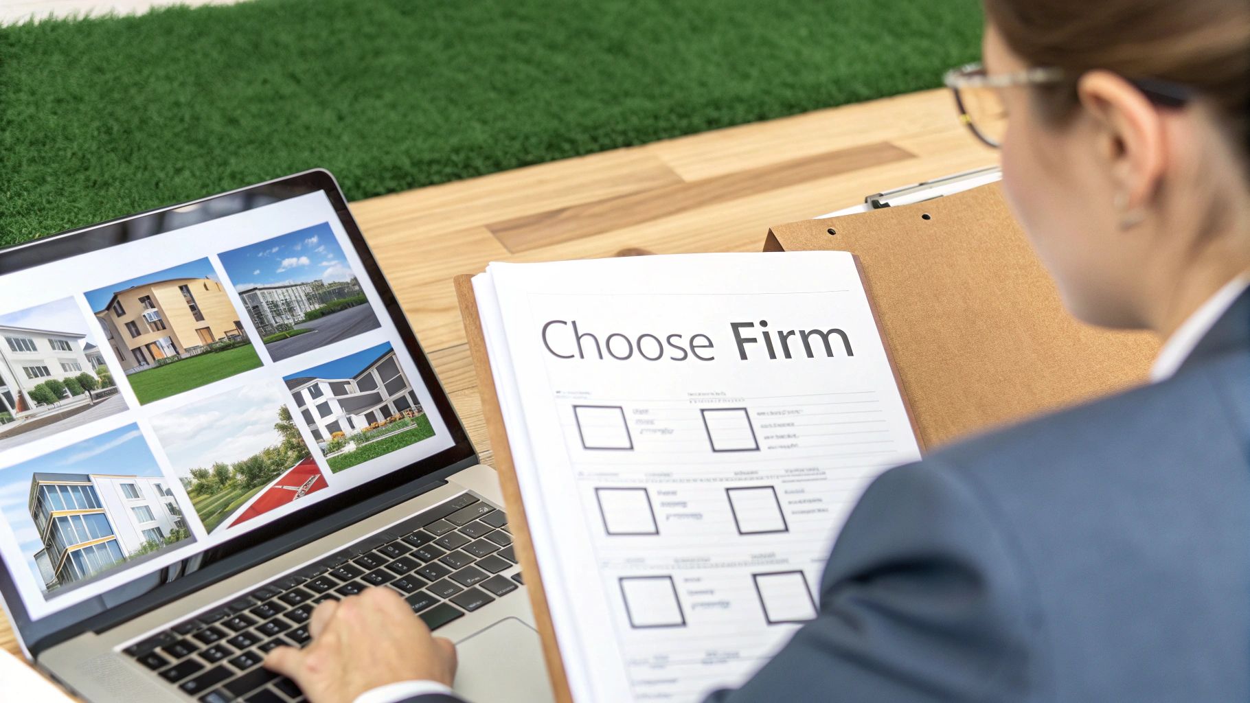 Woman compares commercial architecture firms, viewing building designs on a laptop and a checklist.