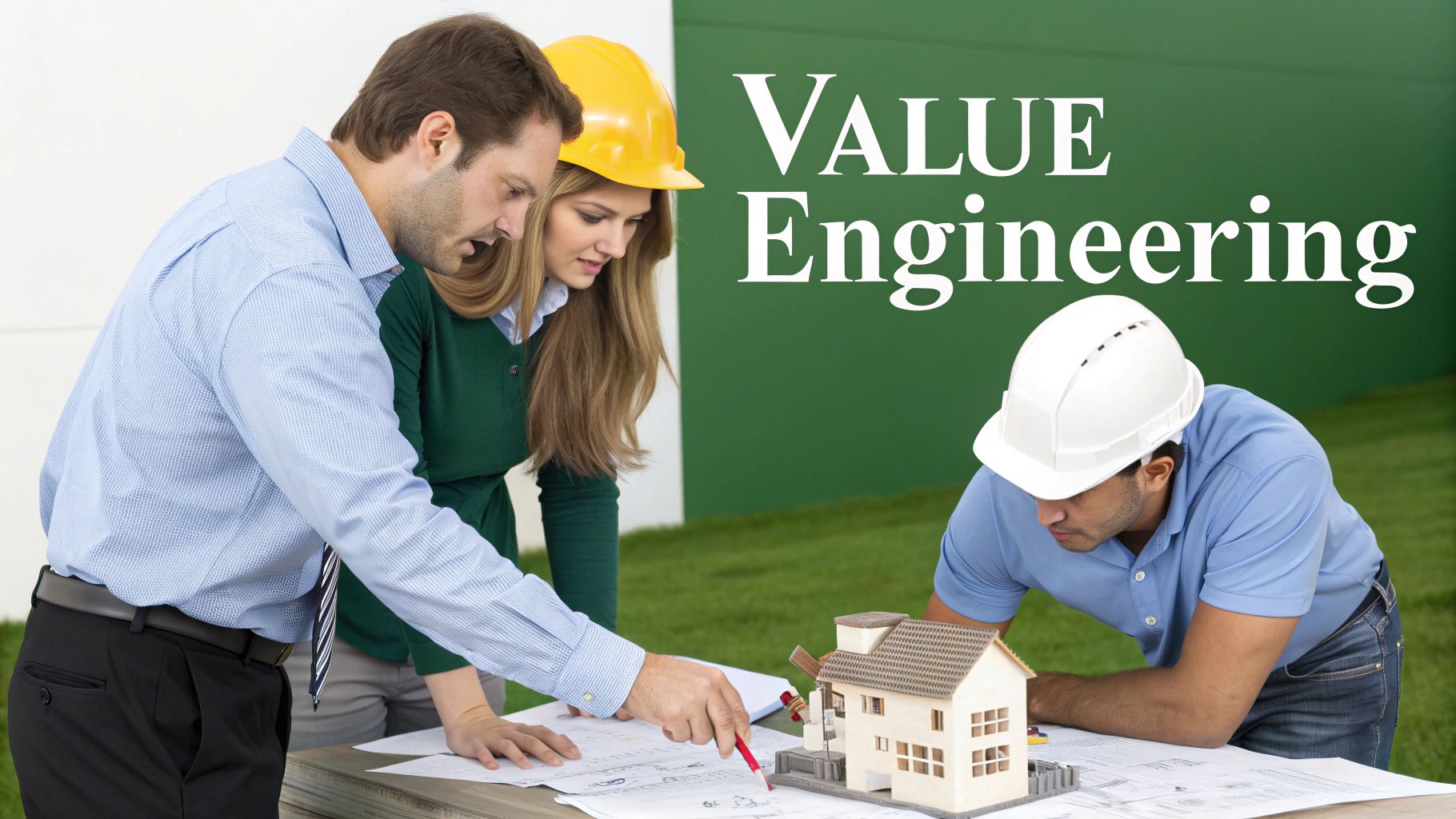 Three engineers in hard hats discussing blueprints and a house model for value engineering.
