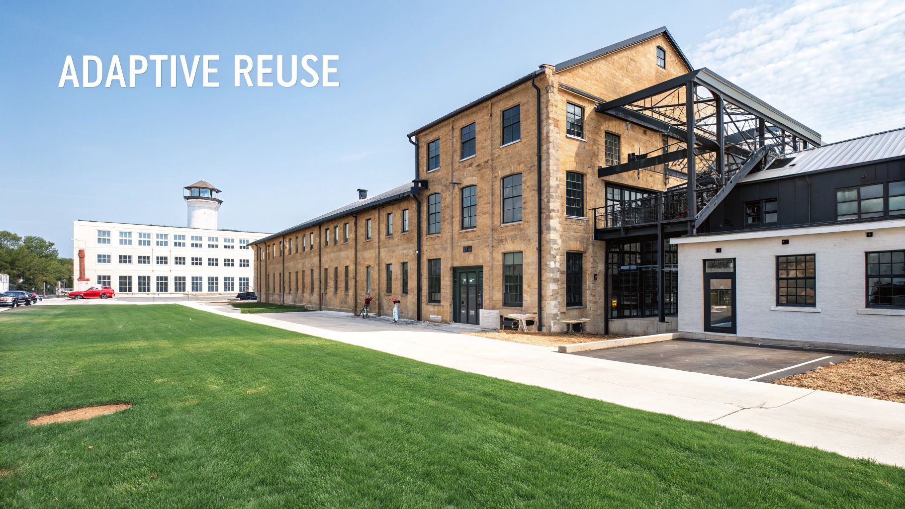 Exterior view of historic commercial buildings undergoing adaptive reuse, featuring brick and modern elements.
