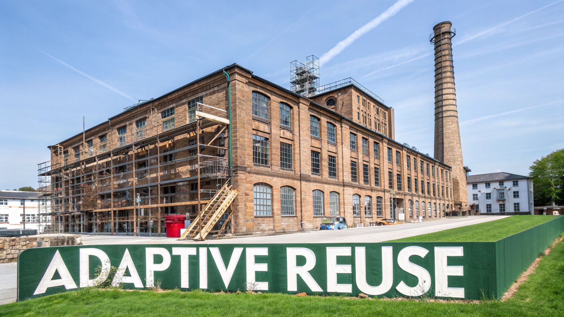 An old brick industrial building undergoing renovation with scaffolding, a tall chimney, and an 'ADAPTIVE REUSE' sign.