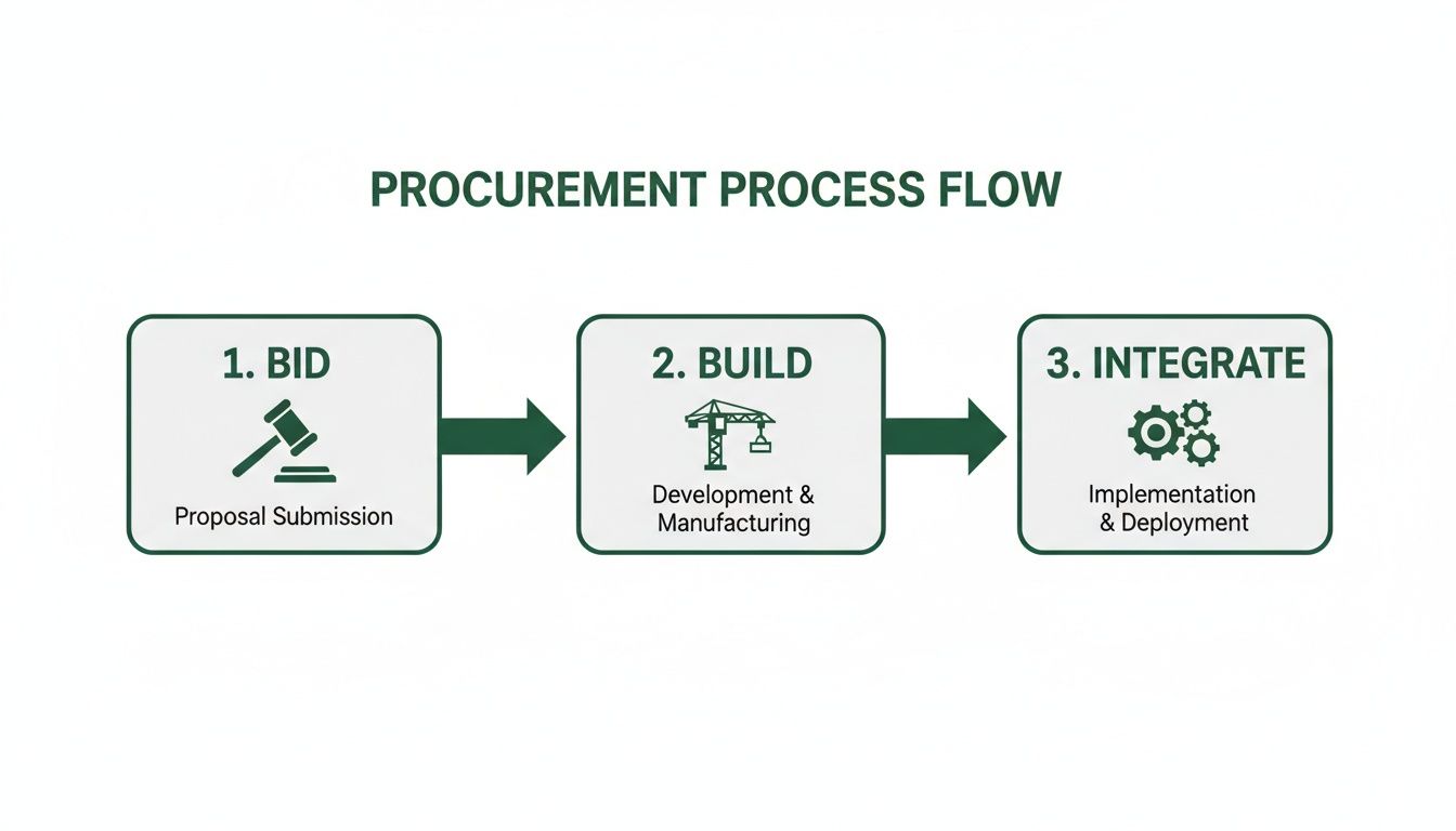 Procurement process flow diagram outlining Bid, Build, and Integrate steps with icons and descriptions.