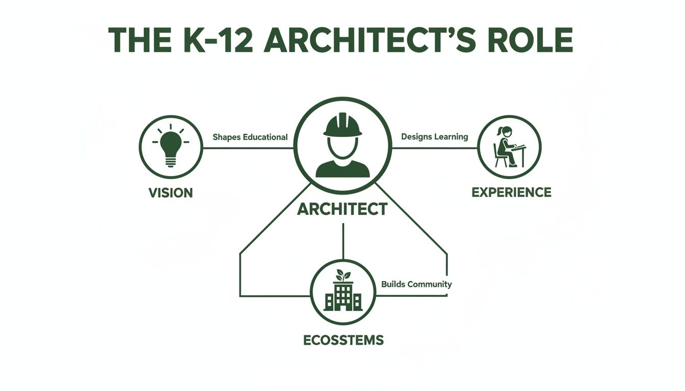 A diagram illustrating the K-12 architect's role, connecting vision, experience, and ecosystems for learning.