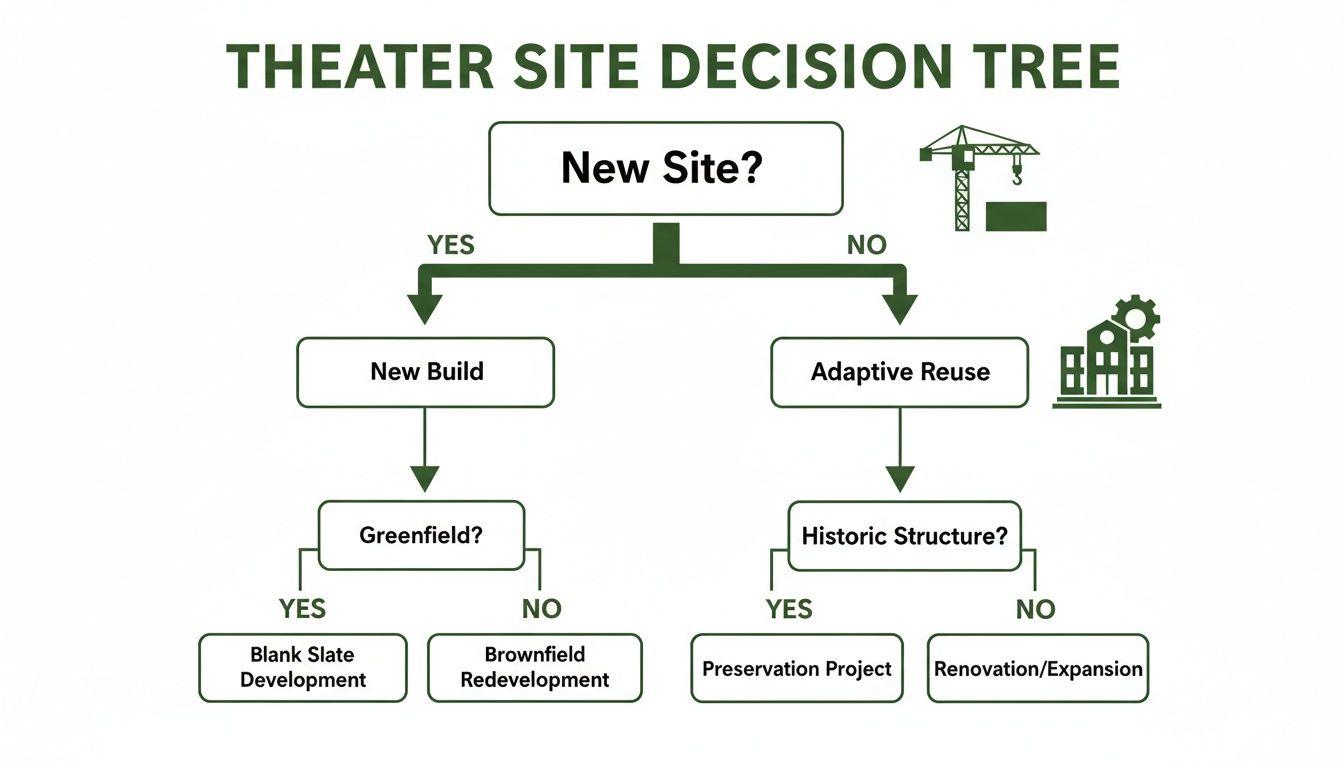 A flowchart outlining the decision-making process for a theater site development, including new build or adaptive reuse options.