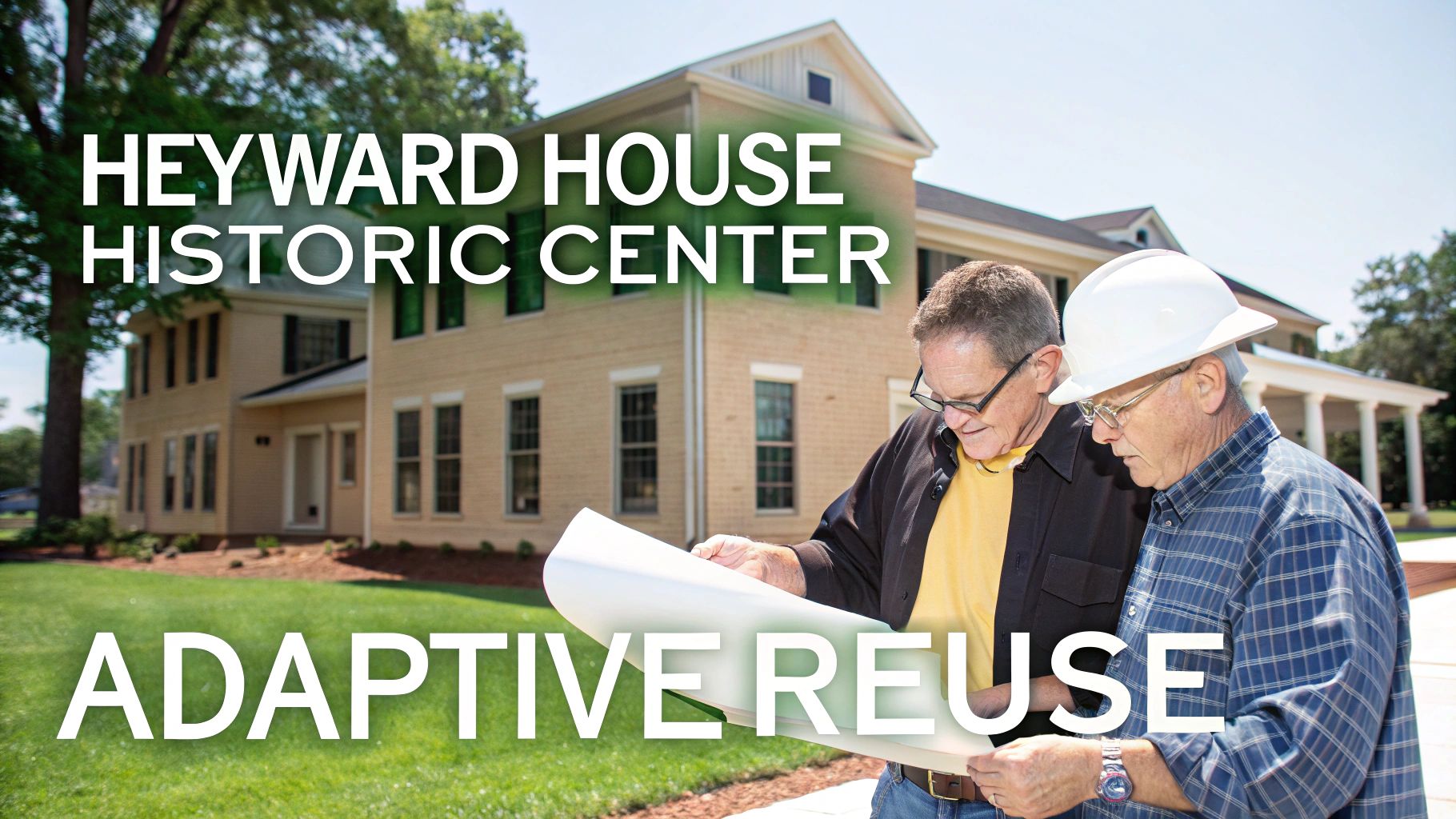 Two men review blueprints for adaptive reuse in front of the Heyward House Historic Center.