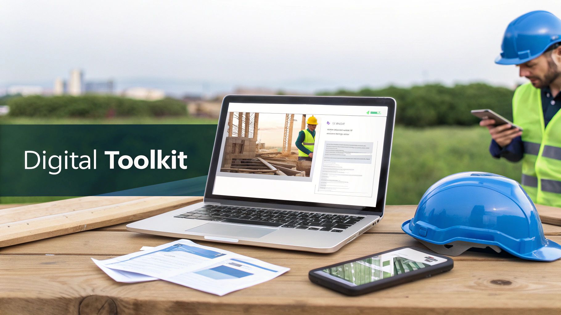 A construction worker uses a phone next to a laptop displaying construction plans and a blue hard hat on a wooden table.