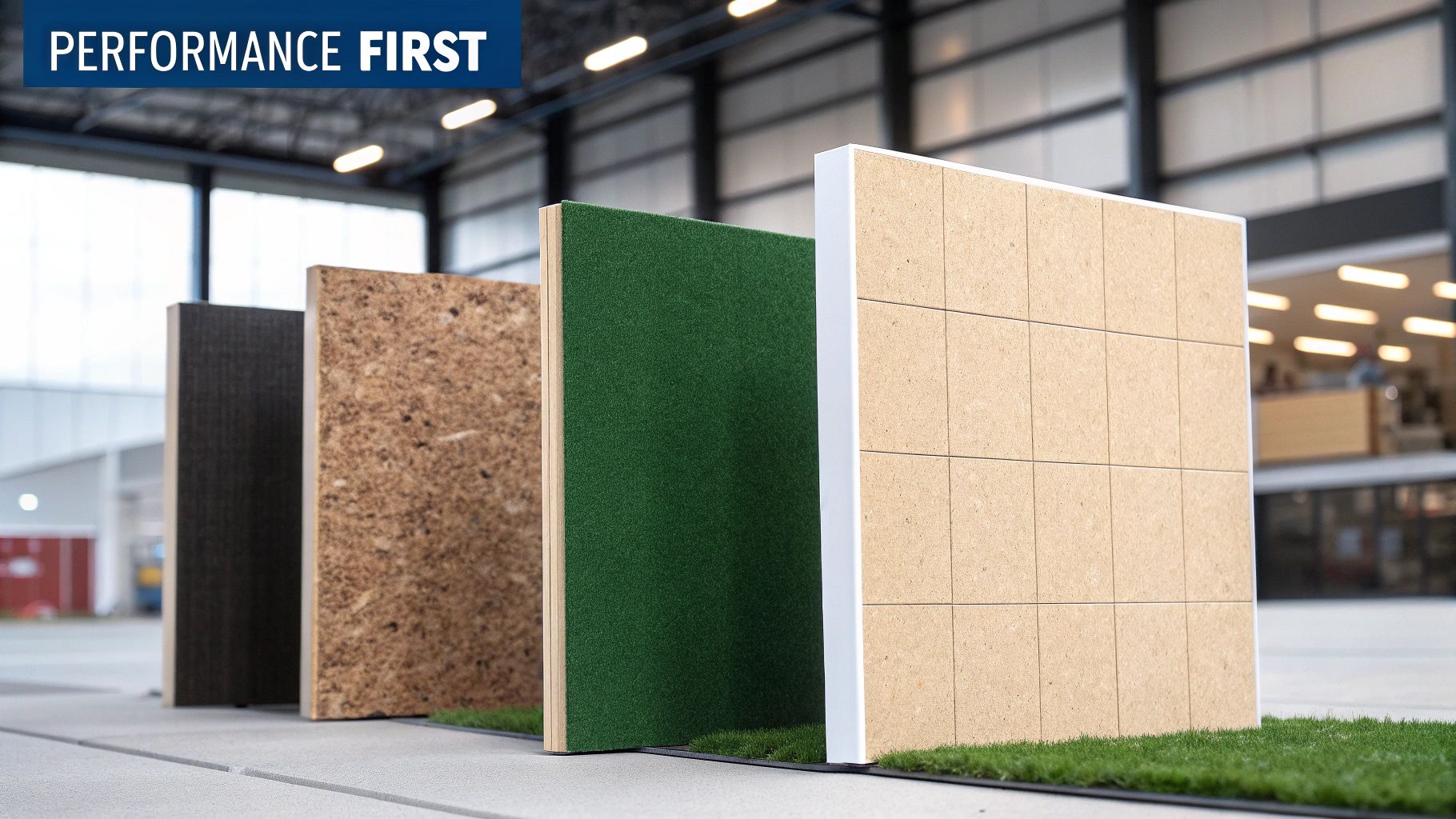 Four upright panels showcasing different interior materials: dark wood, speckled cork, green felt, and light tiled wood.