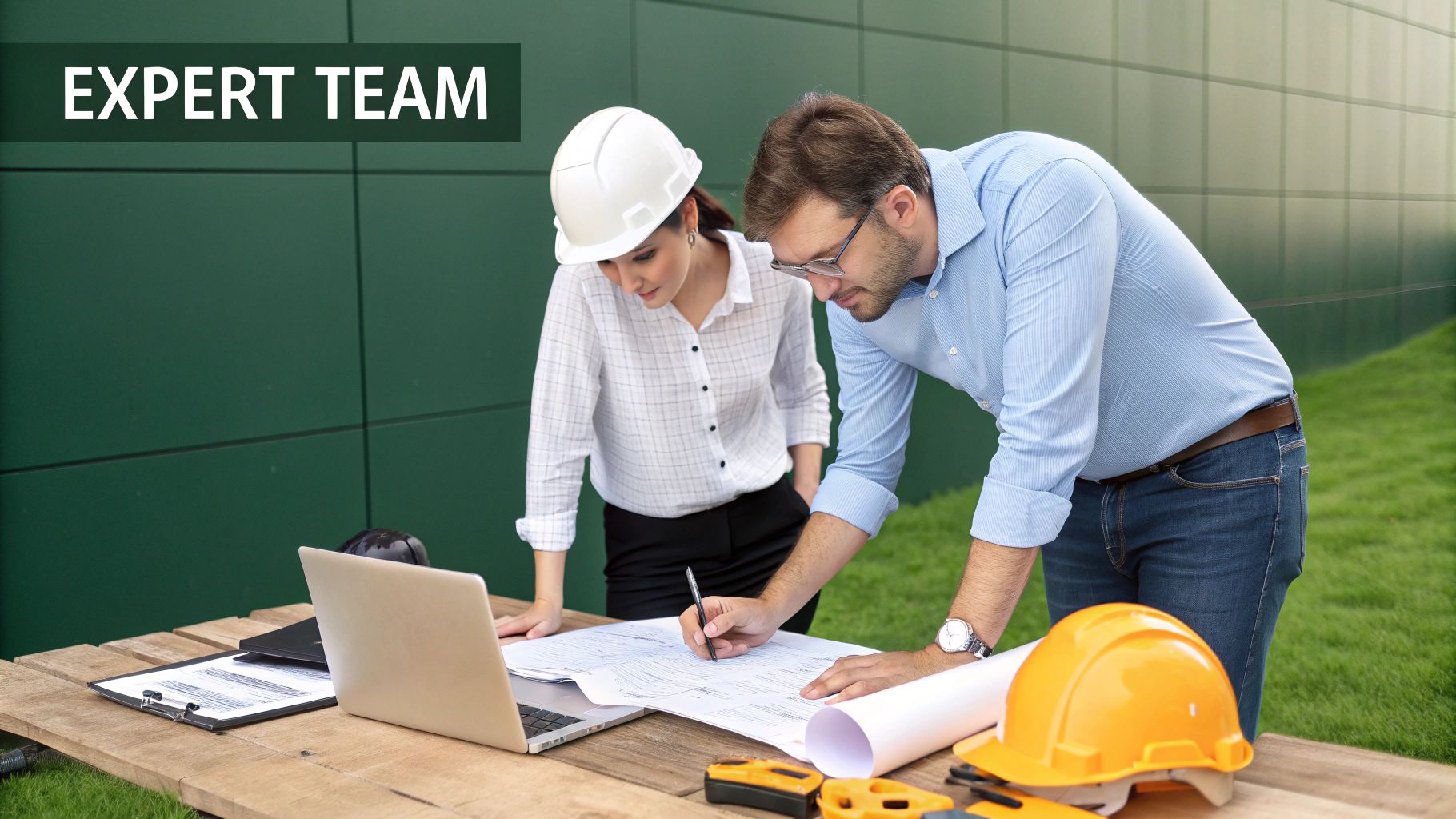 Expert team of engineers reviewing architectural blueprints and construction plans outdoors.