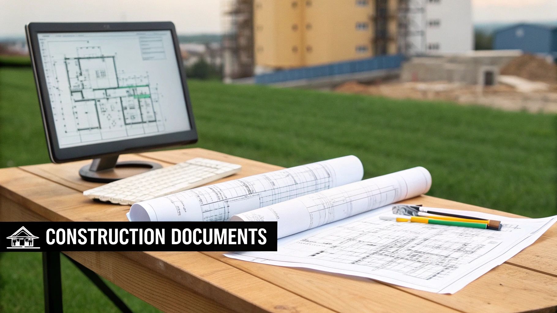 An architect on a construction site reviewing plans with a builder.