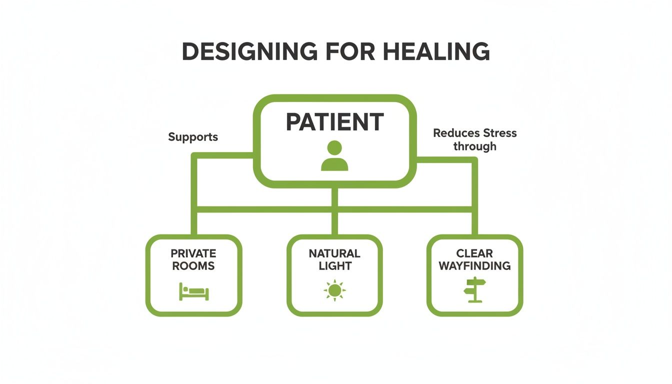 Flowchart showing how design supports patient healing through private rooms, natural light, and clear wayfinding.