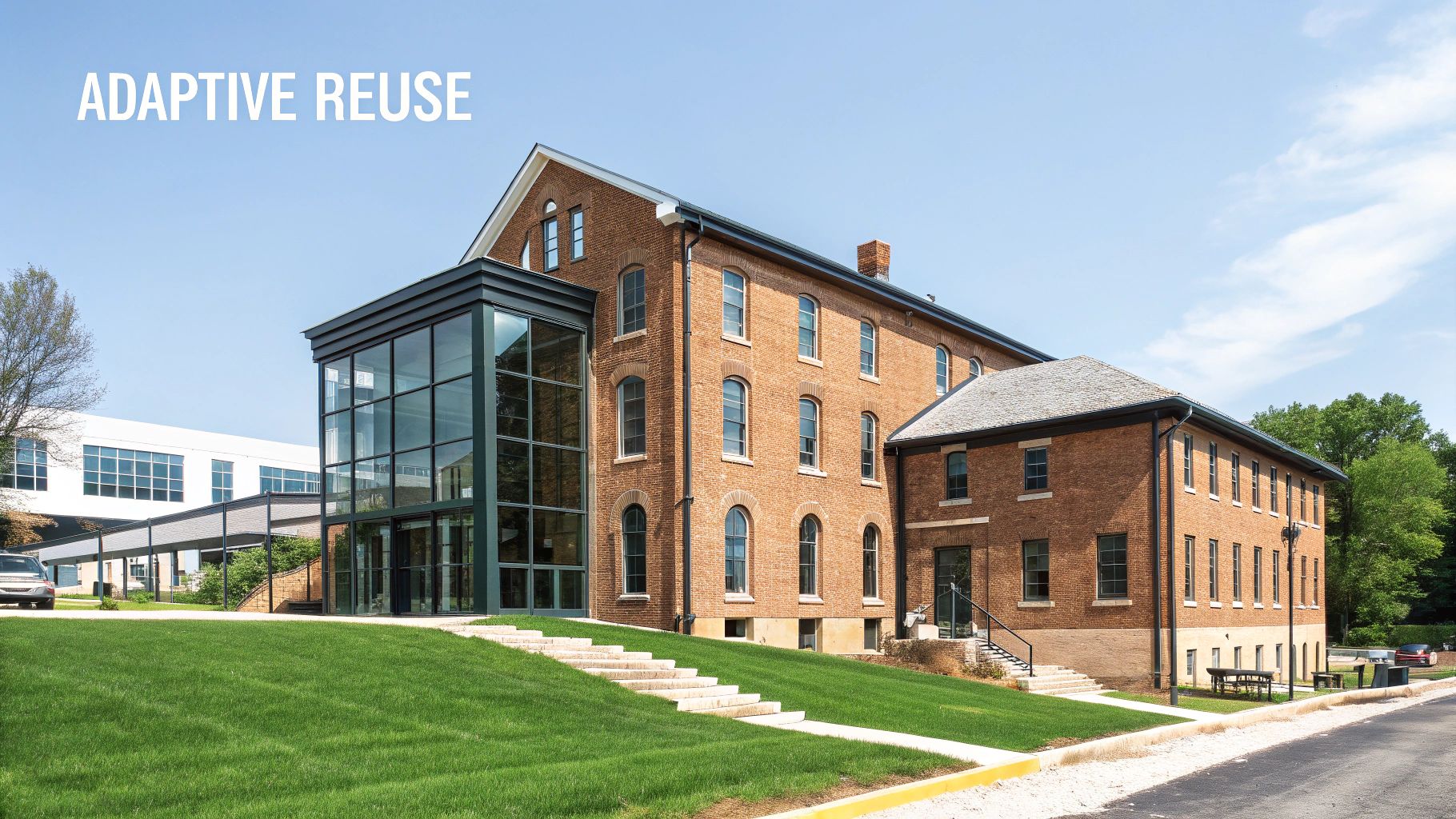 A beautiful historic brick building with a modern glass addition, exemplifying adaptive reuse architecture.