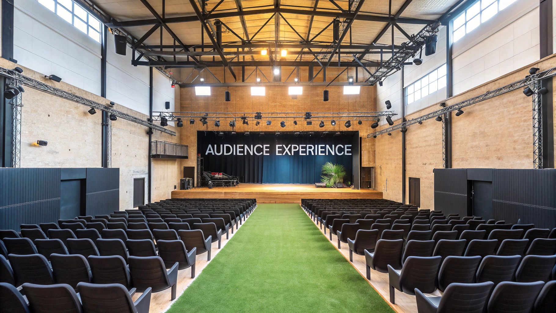 Modern empty theater with black seats, green aisle, and 'AUDIENCE EXPERIENCE' on stage.