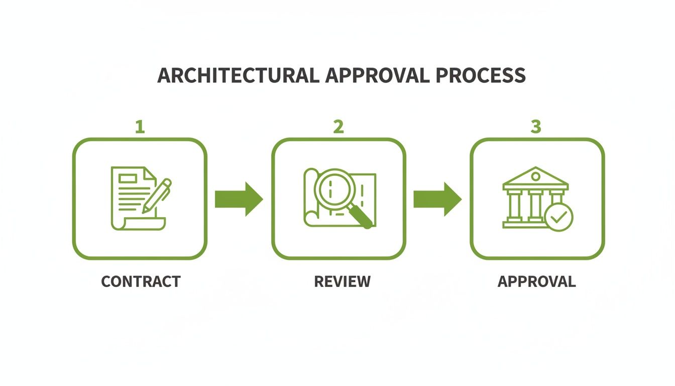 Infographic showing the three-step architectural approval process: contract, review, and final approval.