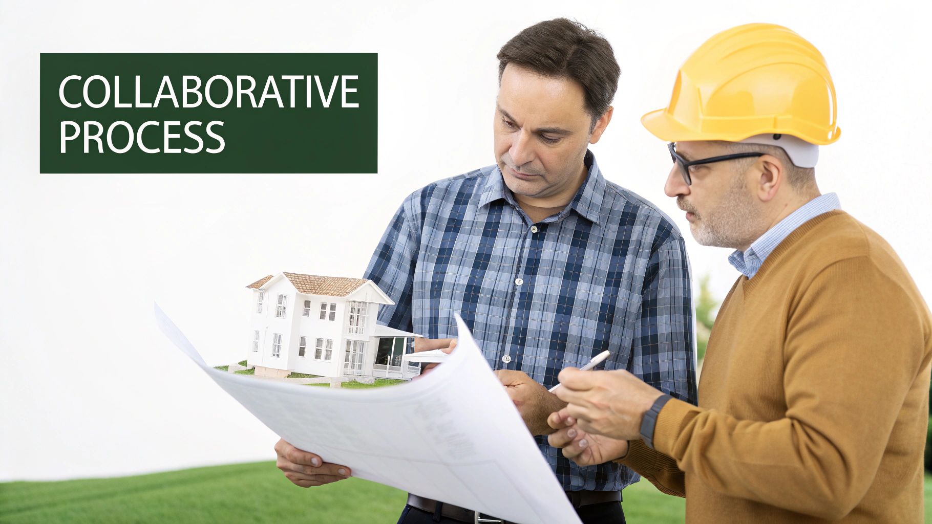 Two professionals, an architect and an engineer, reviewing blueprints on a construction site.