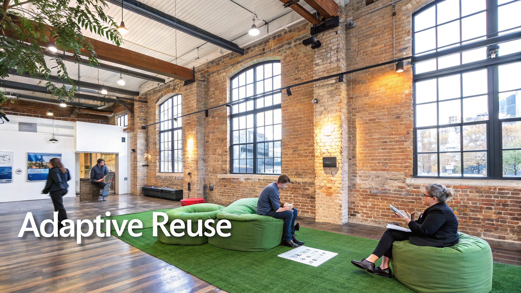 People in a modern adaptive reuse workspace with brick walls and large windows.