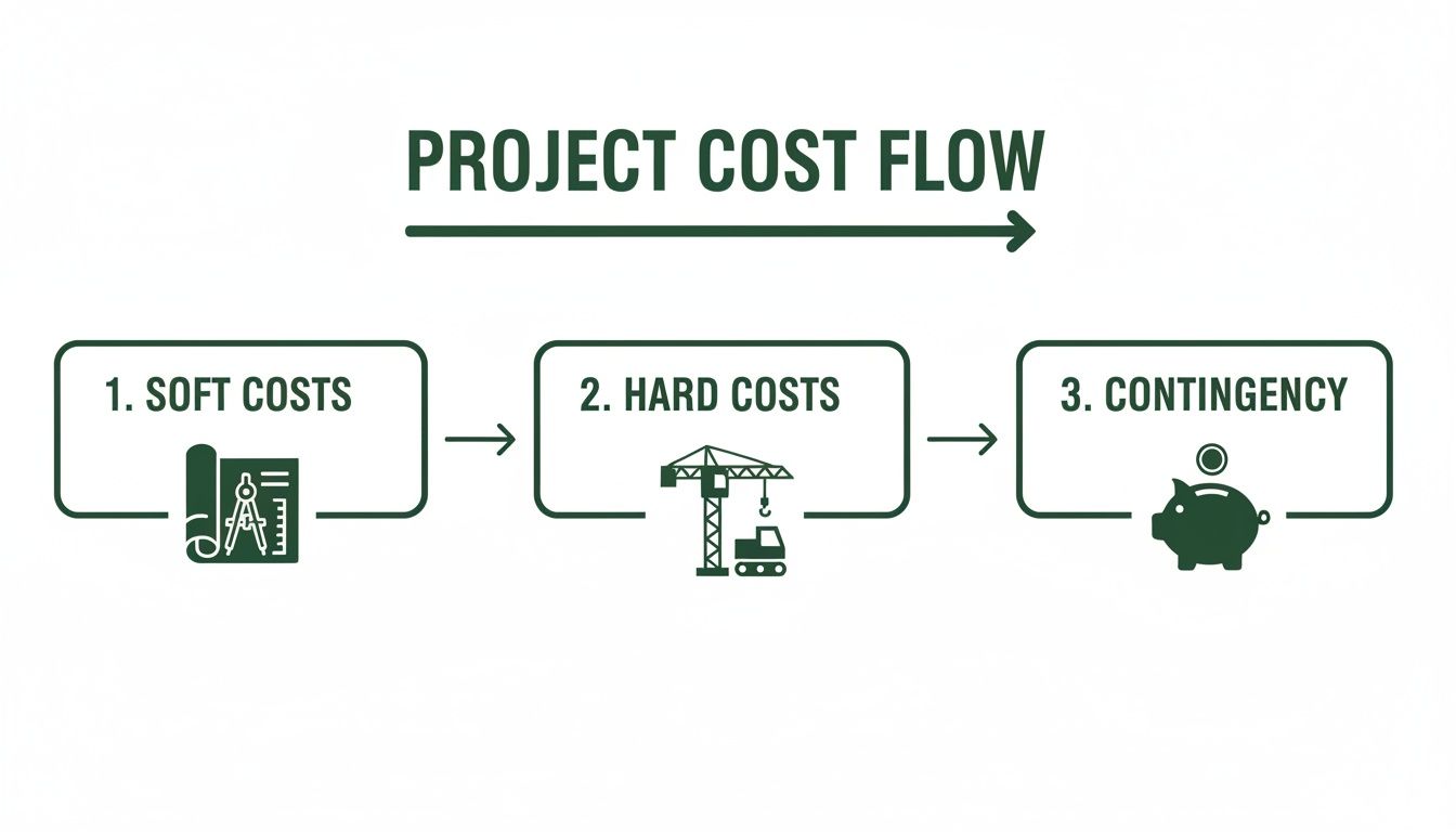 Infographic illustrating the project cost flow, detailing soft costs, hard costs, and contingency.