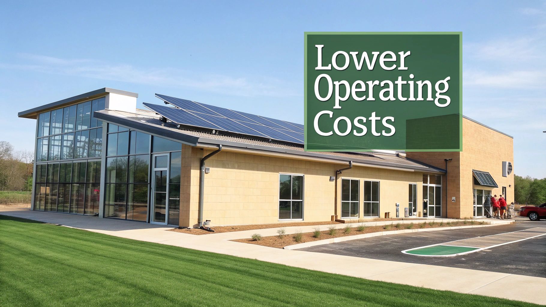 Modern building with solar panels on the roof and large windows, illustrating lower operating costs.