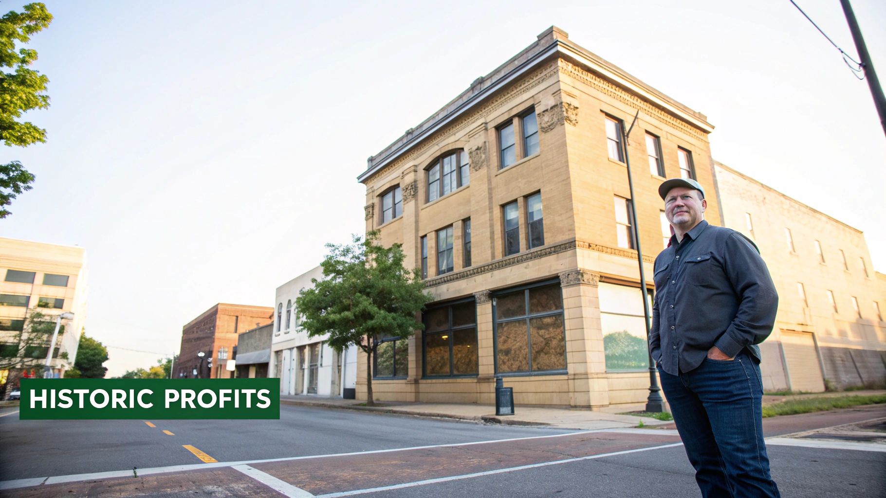 A man in a cap stands on a street with a grand historic building behind him.