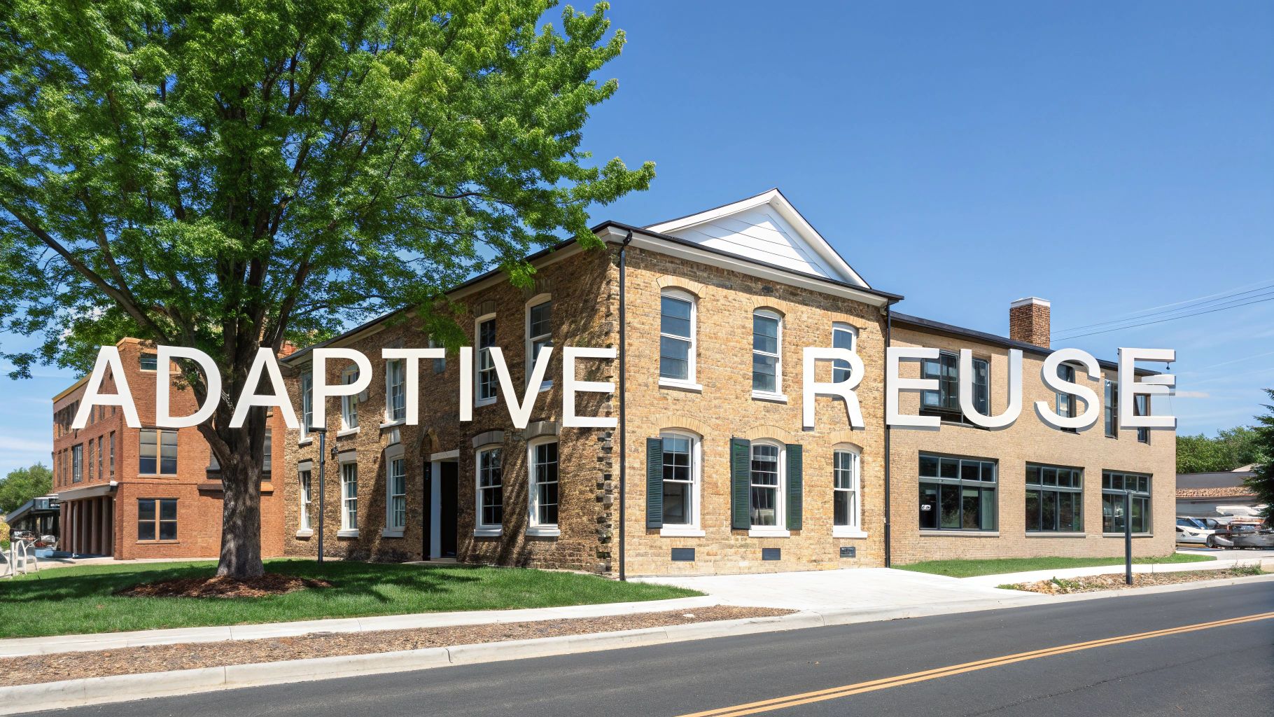 A historic brick building with 'ADAPTIVE REUSE' text on its facade, a large tree, and a street.