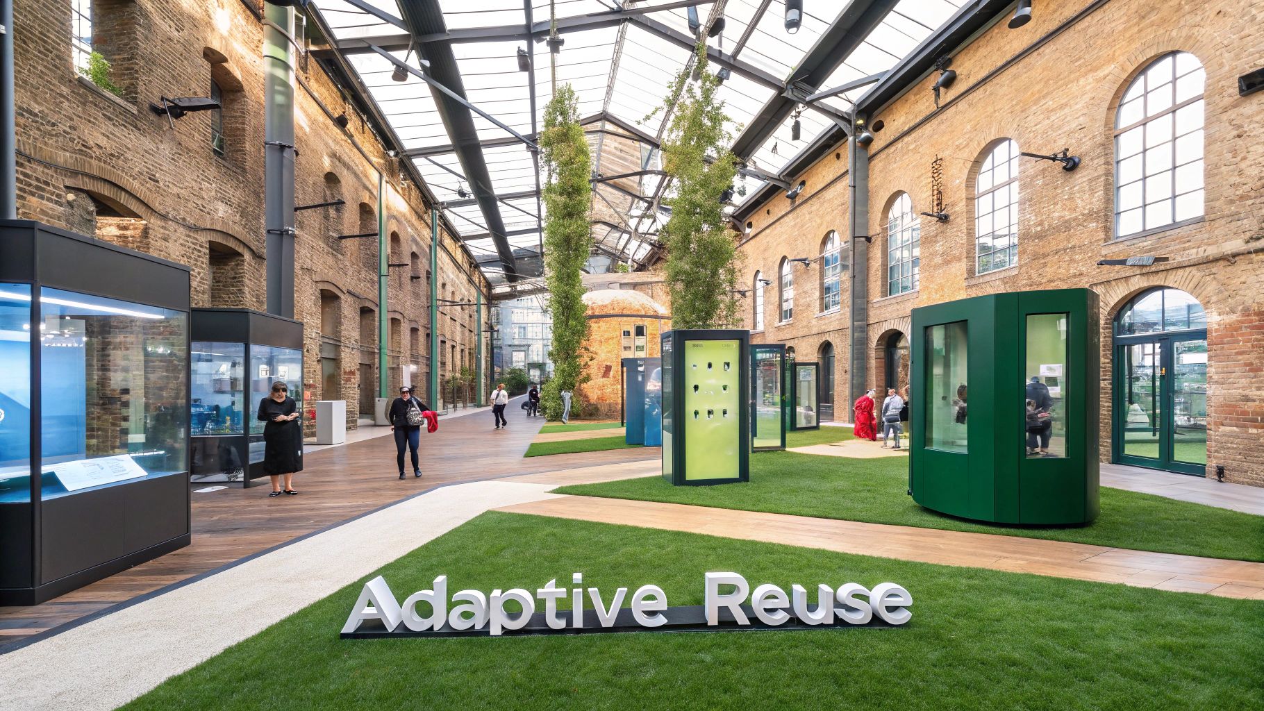 A large, light-filled hall repurposed from an old brick building with grass, exhibits, and people.