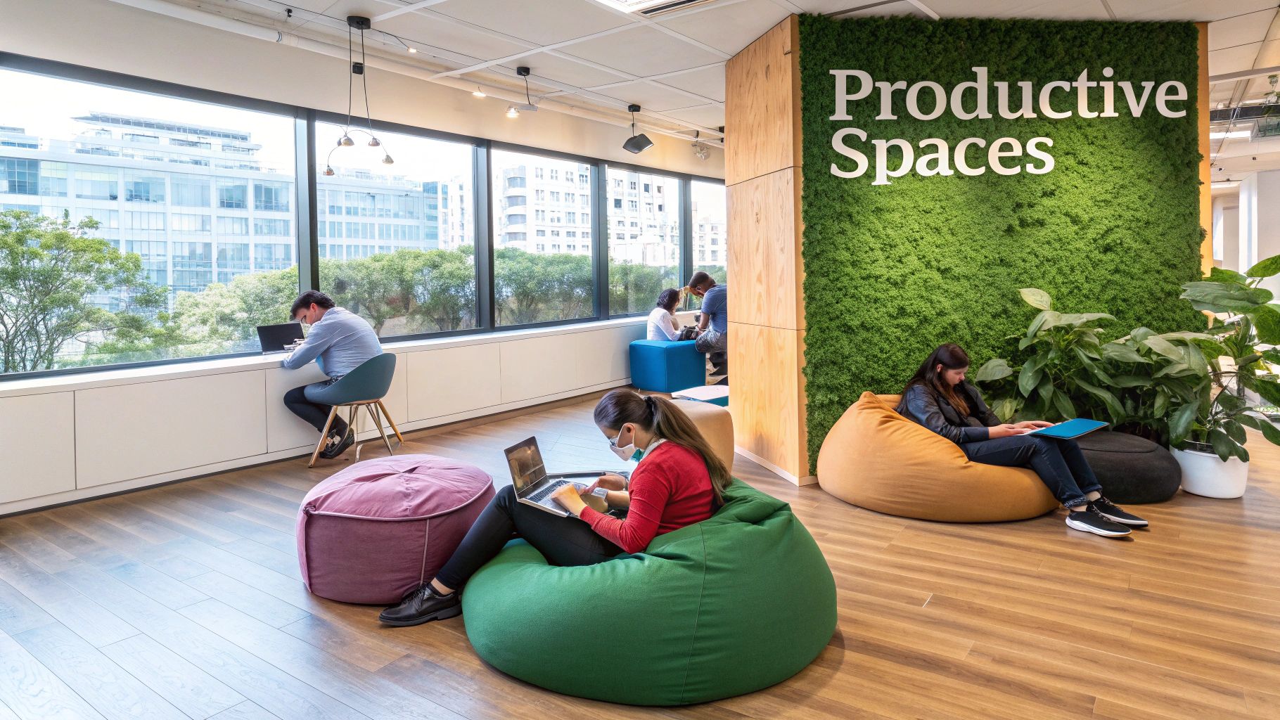 People working comfortably in a modern, plant-filled office space with large windows and 'Productive Spaces' wall.