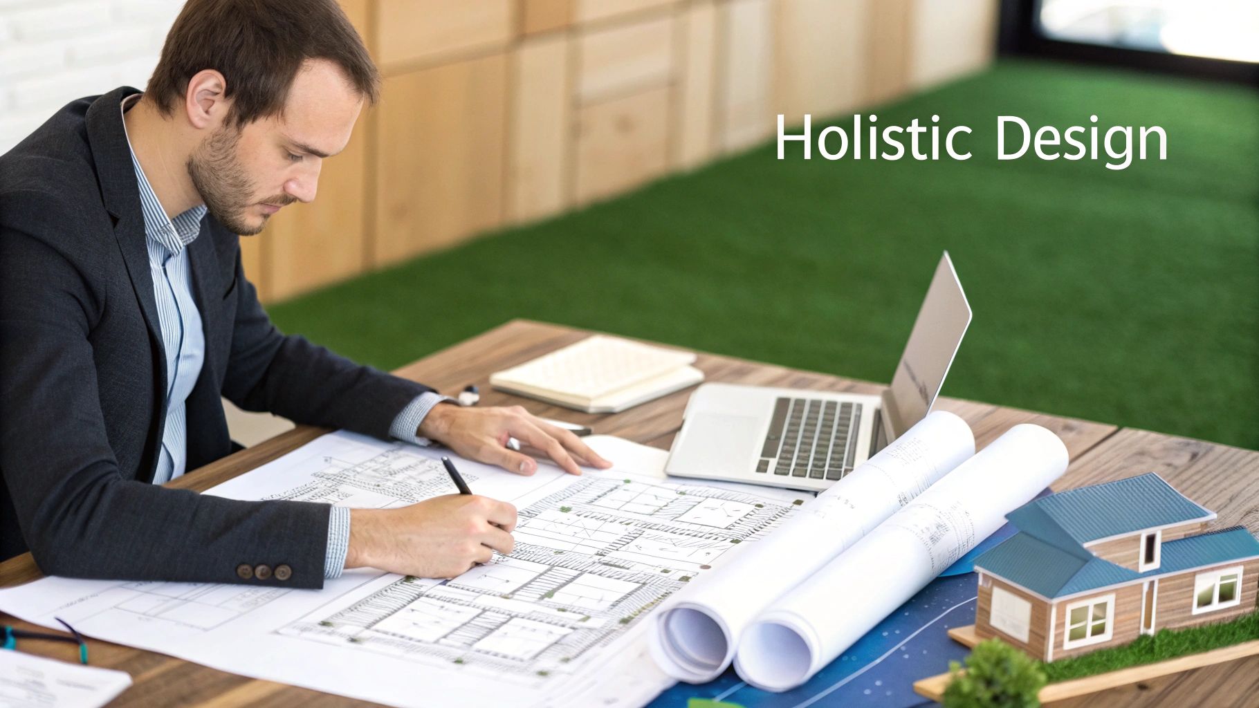 A modern, sustainable building design with large windows and natural wood elements, surrounded by lush greenery.