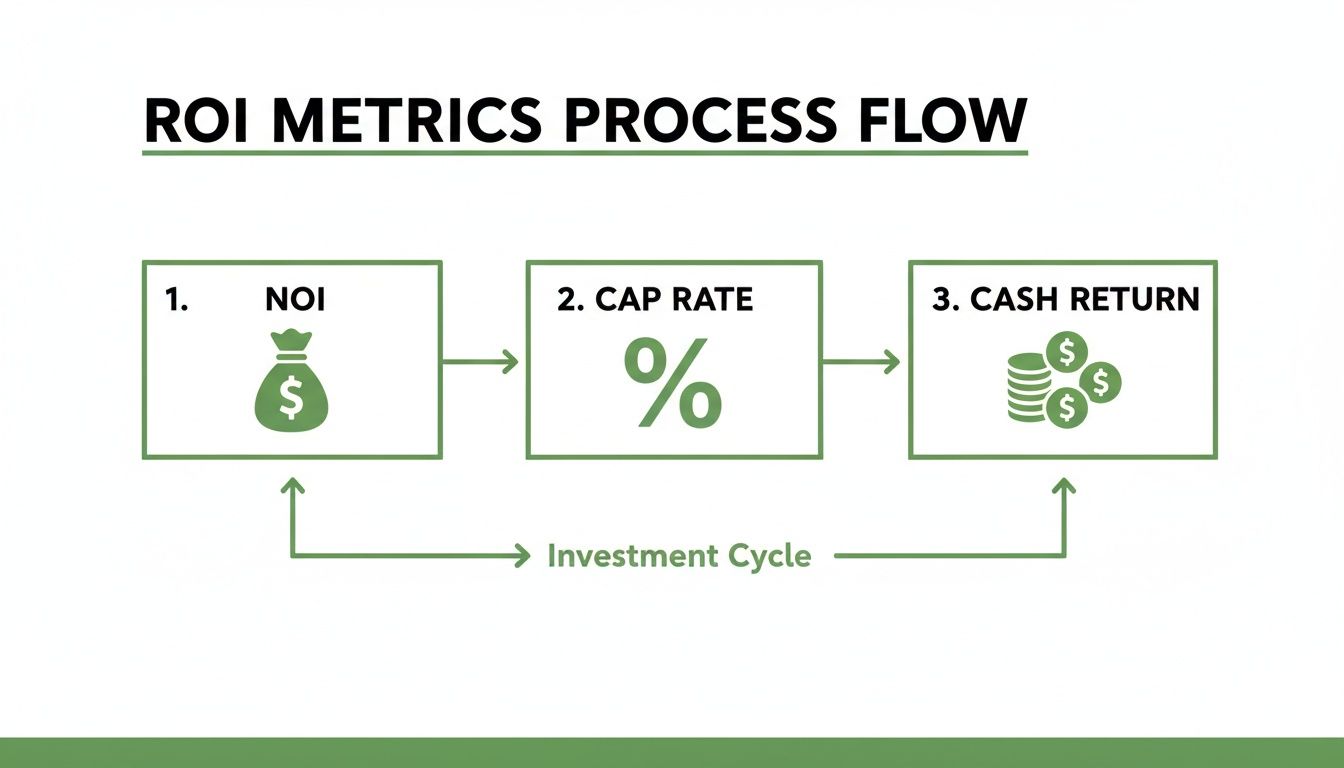 Flowchart illustrating the ROI metrics process, showing NOI, Cap Rate, and Cash Return in an investment cycle.