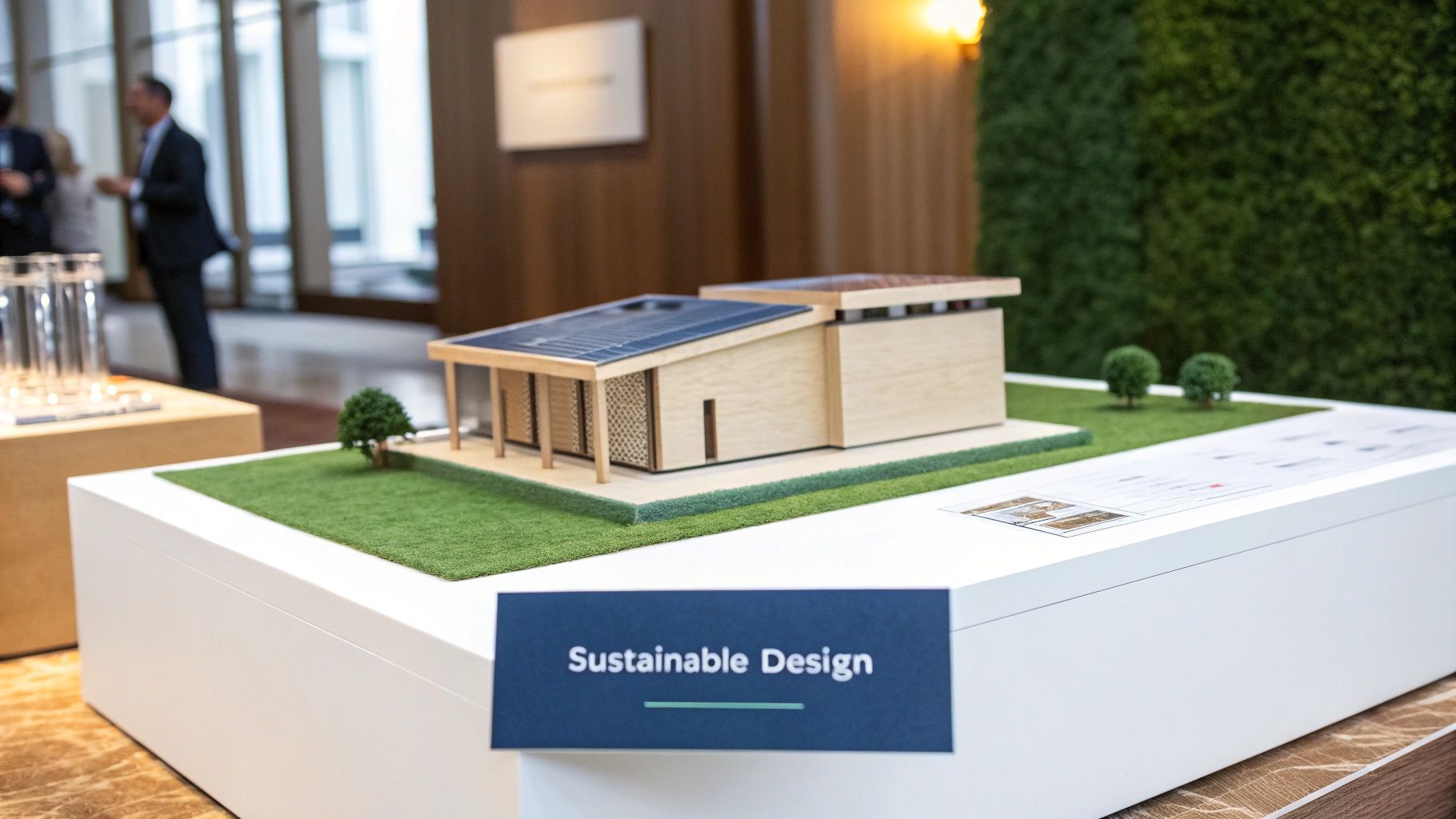 A modern home with large windows, a green roof, and solar panels, set in a natural, wooded landscape.