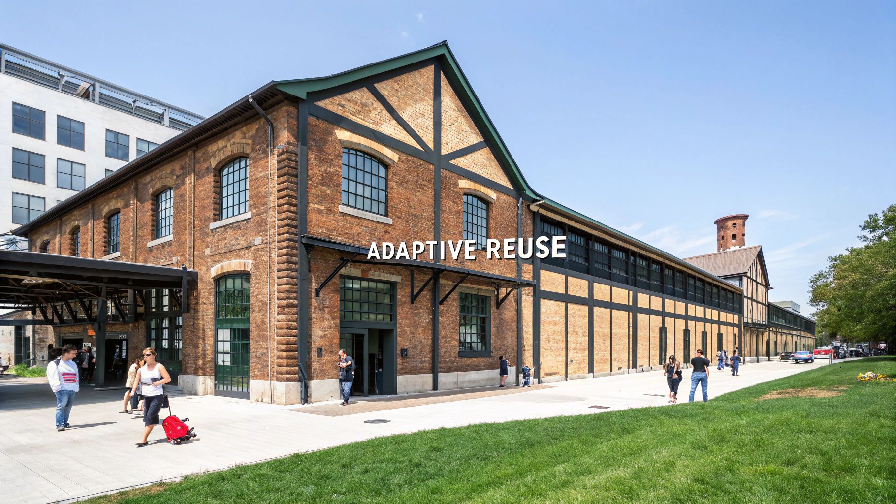 People walk outside a revitalized historic brick building, showcasing adaptive reuse architecture on a sunny day.