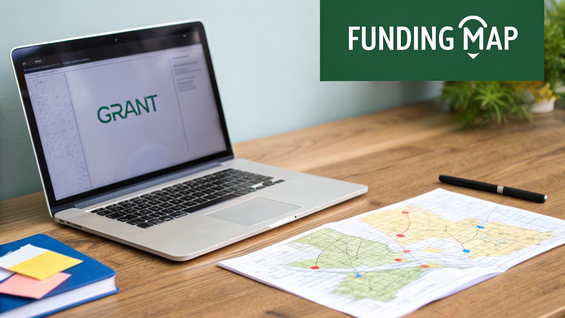 Laptop displaying grant application with funding map interface and geographic planning materials on desk