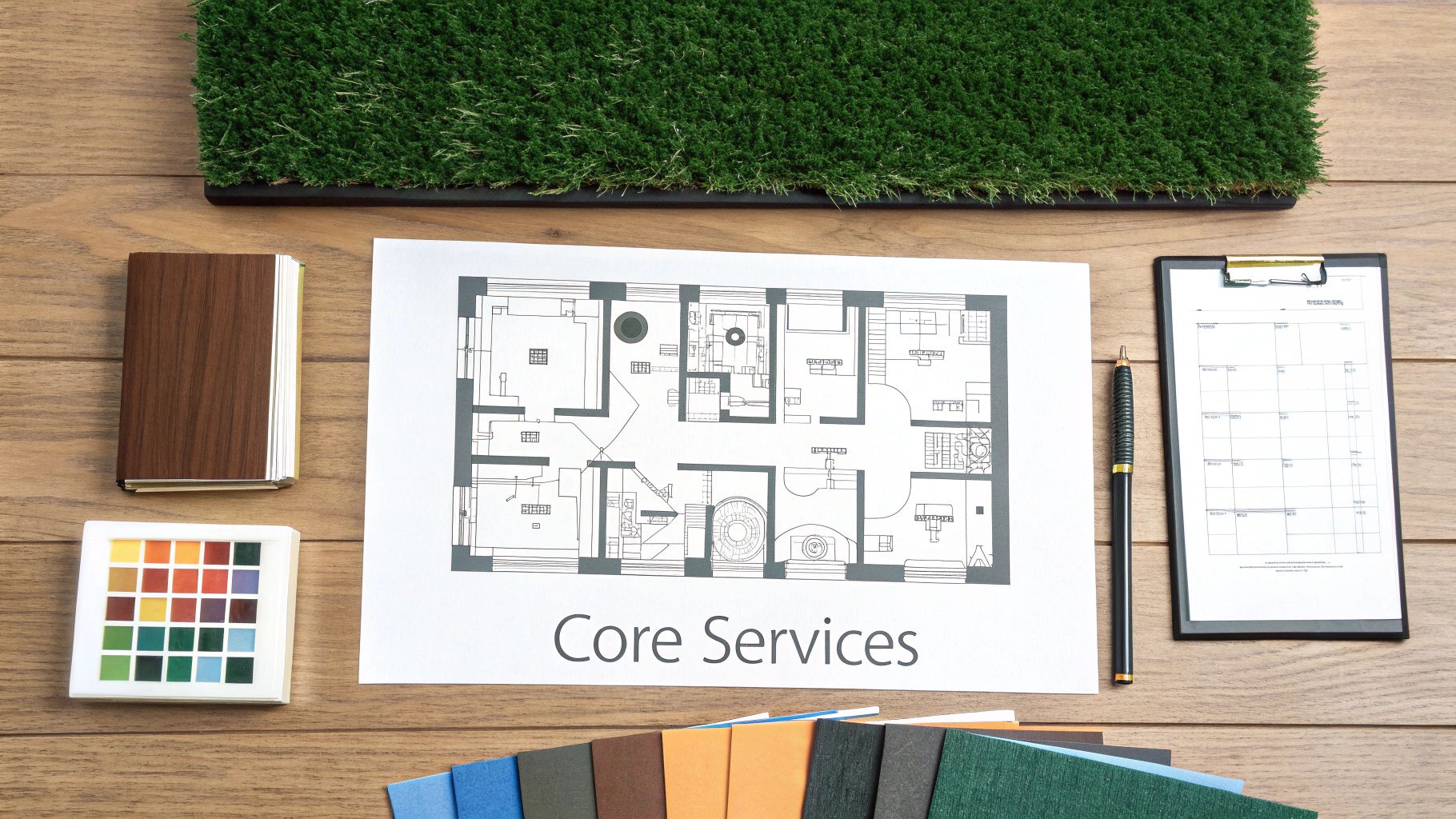Overhead view of a design workspace with a blueprint, color swatches, and artificial turf.