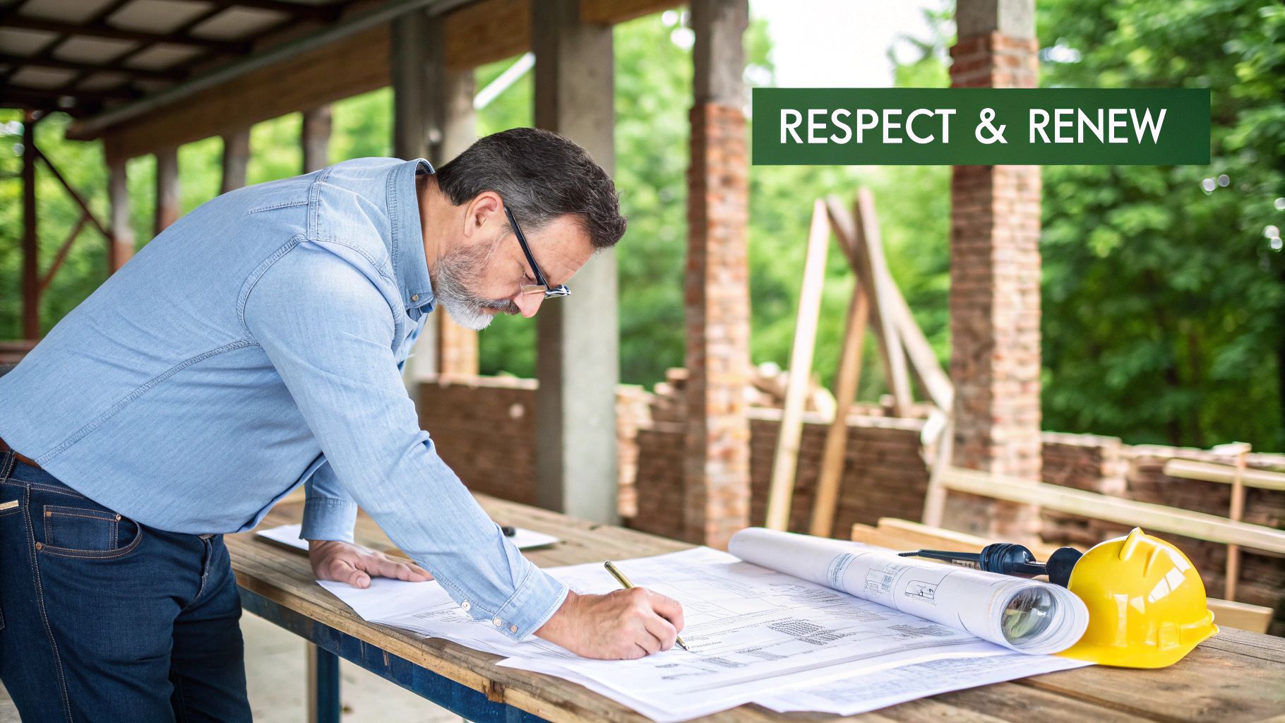 An architect reviewing blueprints inside a historic building undergoing renovation.