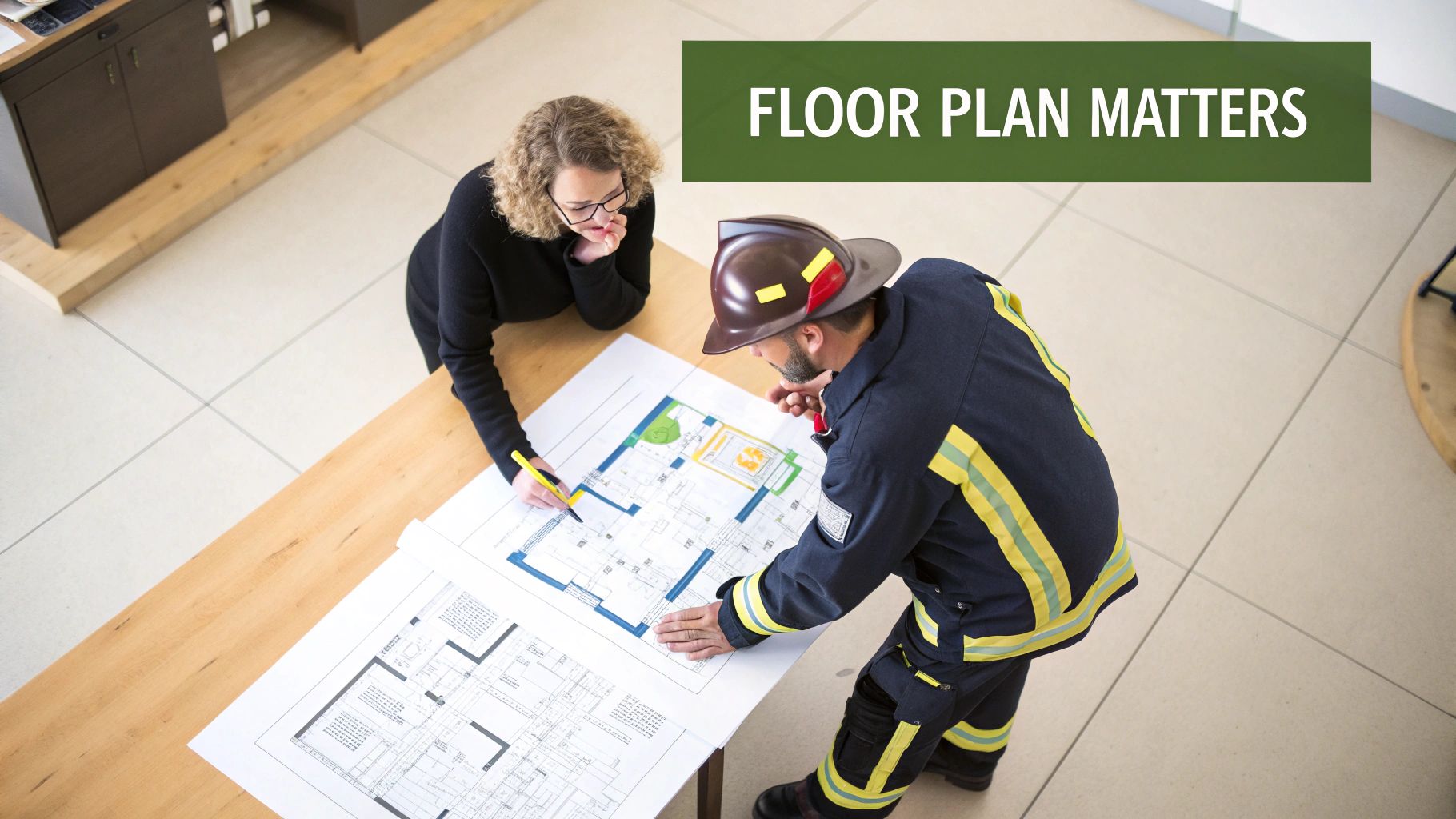 A firefighter and a woman collaborate, reviewing a building floor plan blueprint on a wooden table.