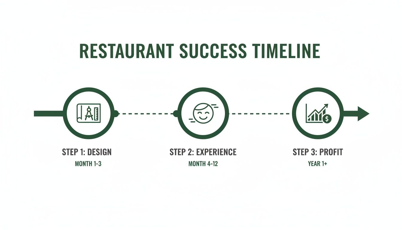 Restaurant success timeline illustrating design, customer experience, and profit stages with associated timeframes.