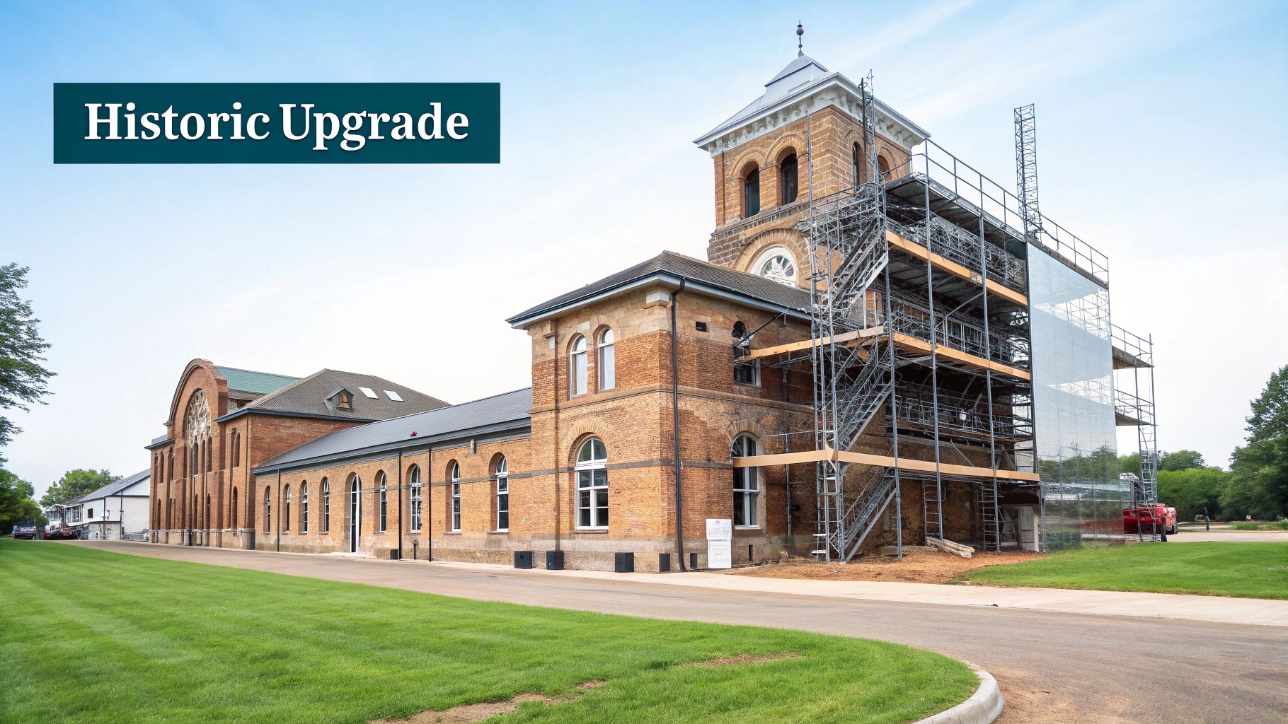 Historic brick building with a prominent tower undergoing a "Historic Upgrade" renovation with scaffolding.