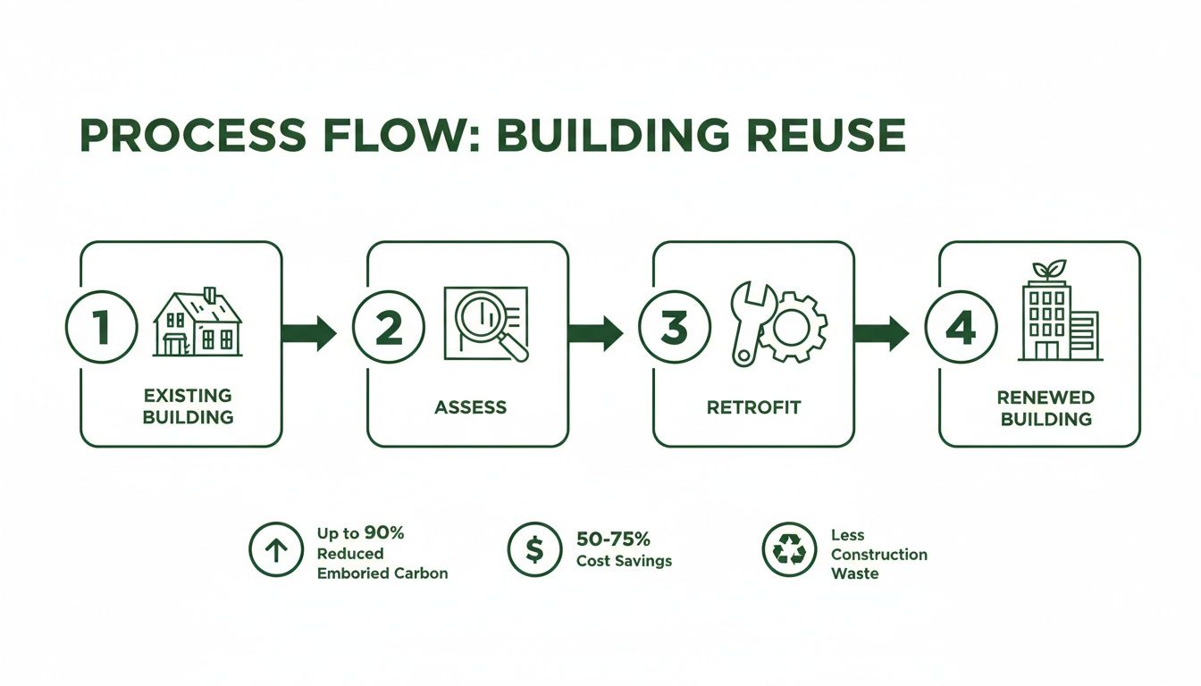 A process flow for building reuse, showing assessment, retrofit, and renewal, highlighting environmental and cost benefits.