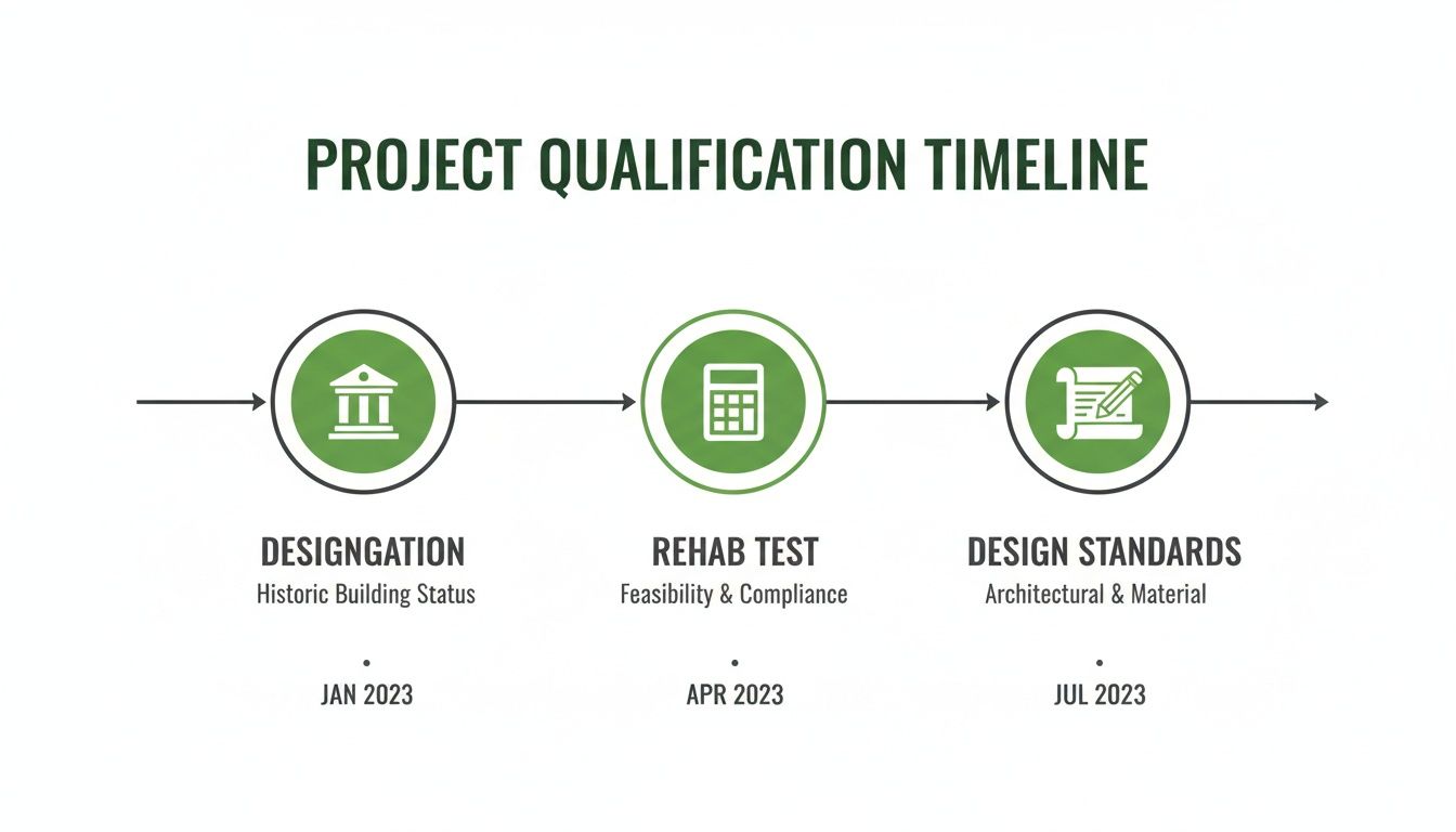 Project qualification timeline for historic buildings showing designation, rehab test, and design standards stages.