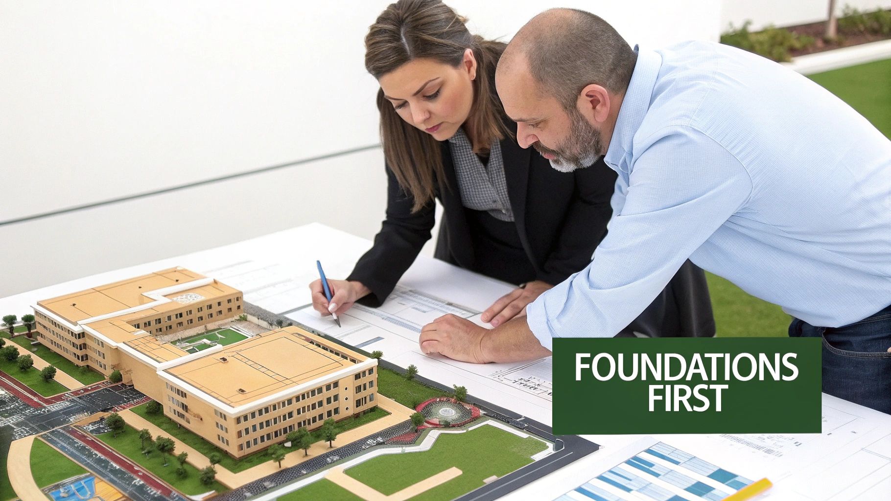 Two architects review blueprints and a large building model, collaborating on a design project.