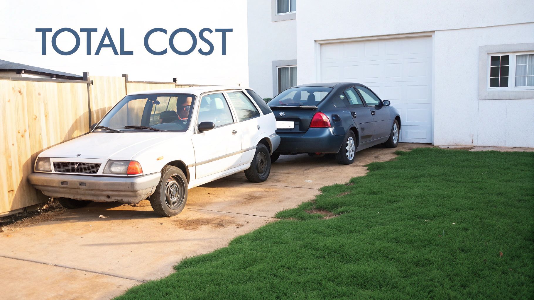 Two cars parked in a driveway next to a house and wooden fence, with "TOTAL COST" text.