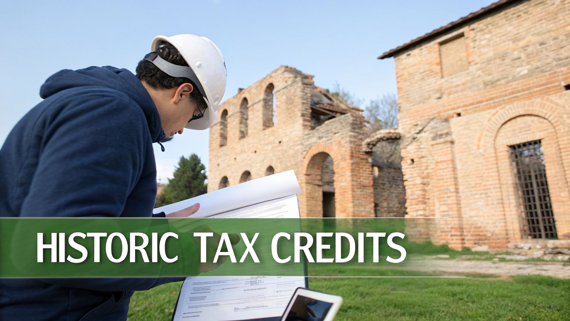 A man in a hard hat examines documents about historic tax credits near ancient brick buildings.