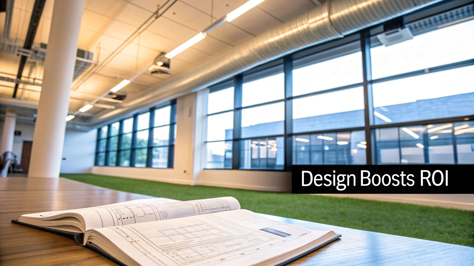 An open book of blueprints on a wooden desk in a modern office with large windows.