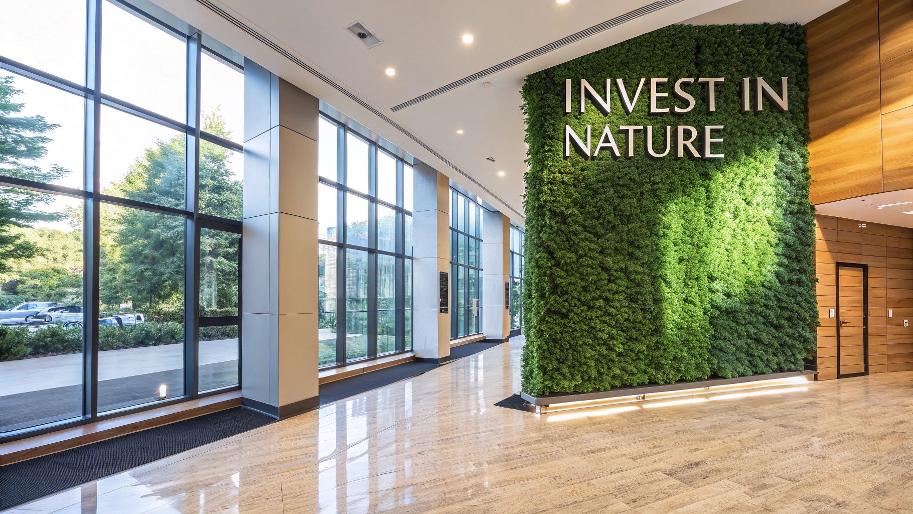A modern building lobby featuring a large living green wall with 'INVEST IN NATURE' text, large windows, and a shiny floor.