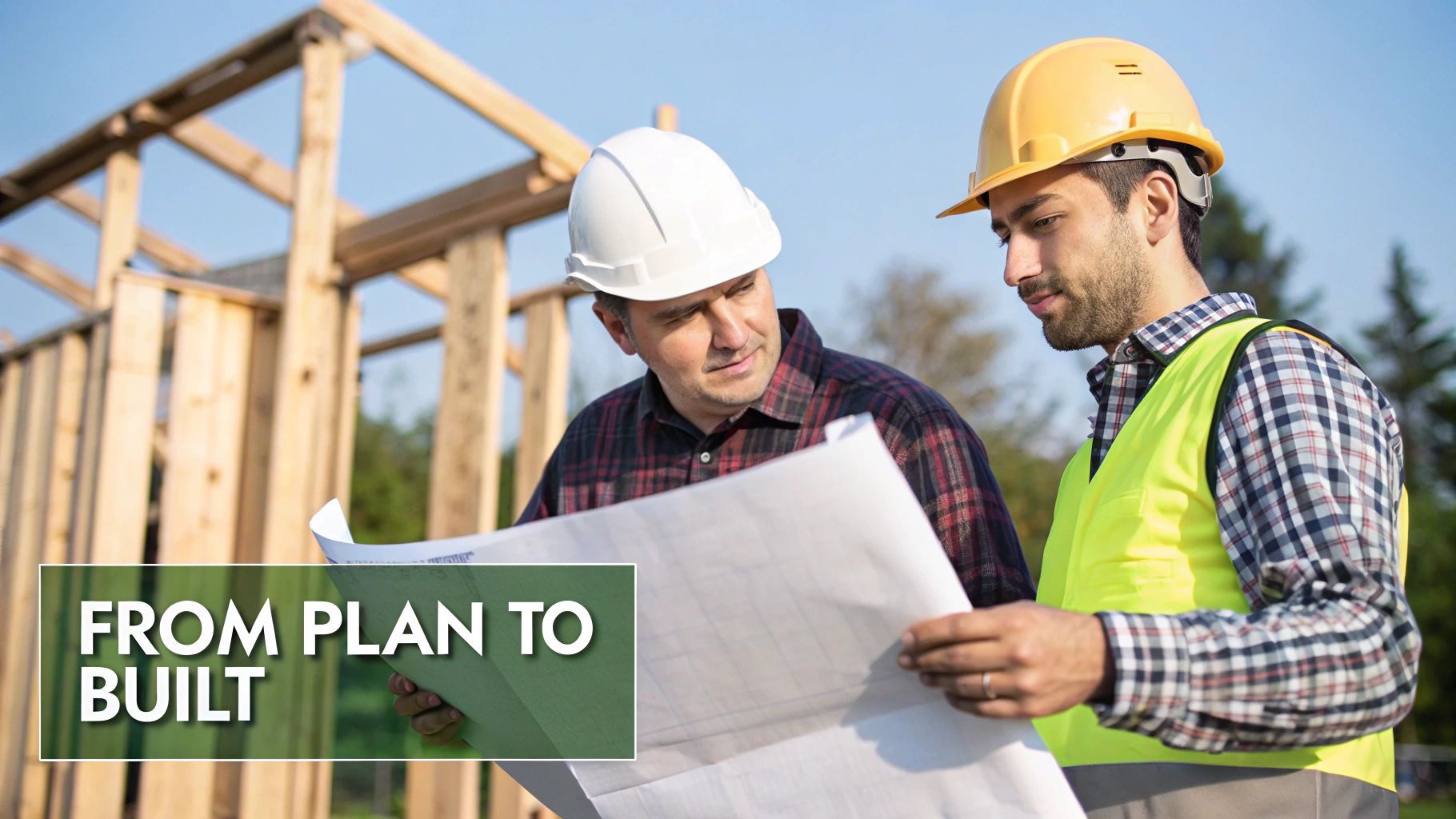 Two construction workers in hard hats review blueprints at a building site for a house.
