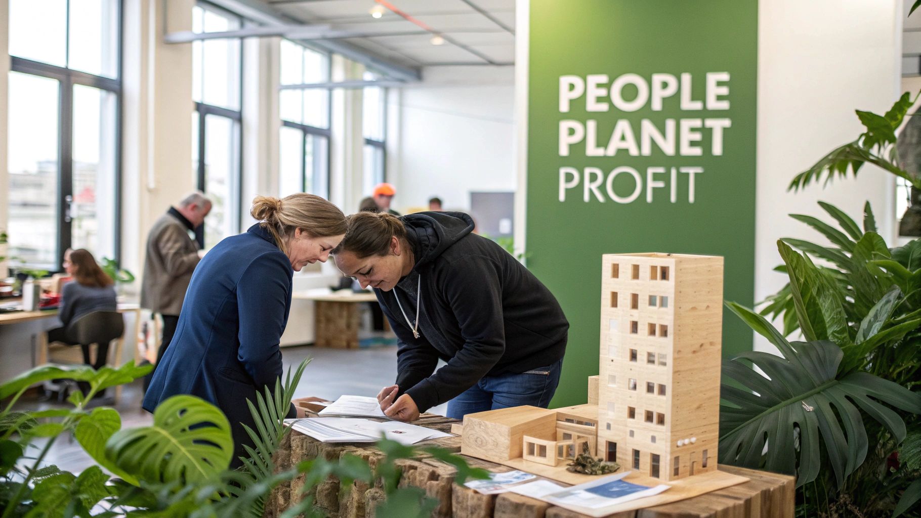 Two women discussing documents and a wooden architectural model at a sustainable design event.