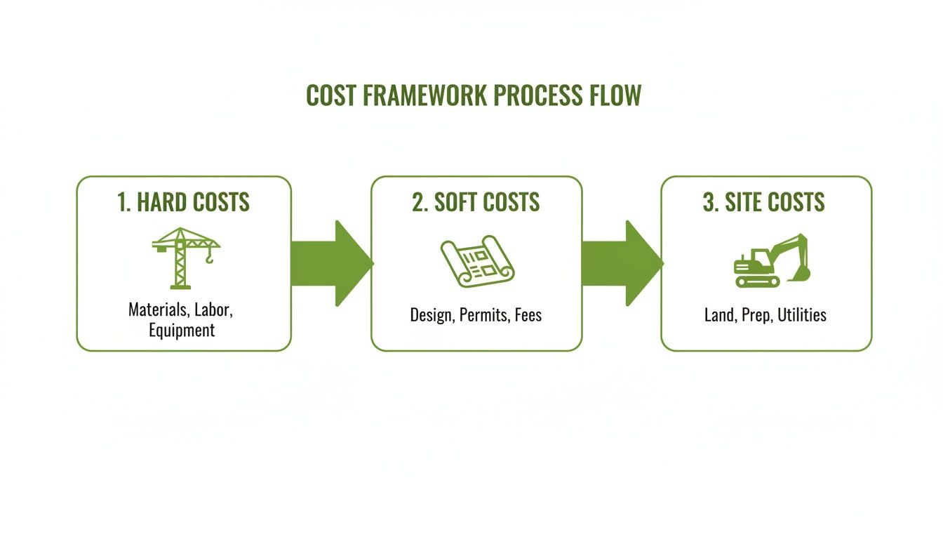 Flowchart illustrating construction cost breakdown into hard, soft, and site costs with examples.
