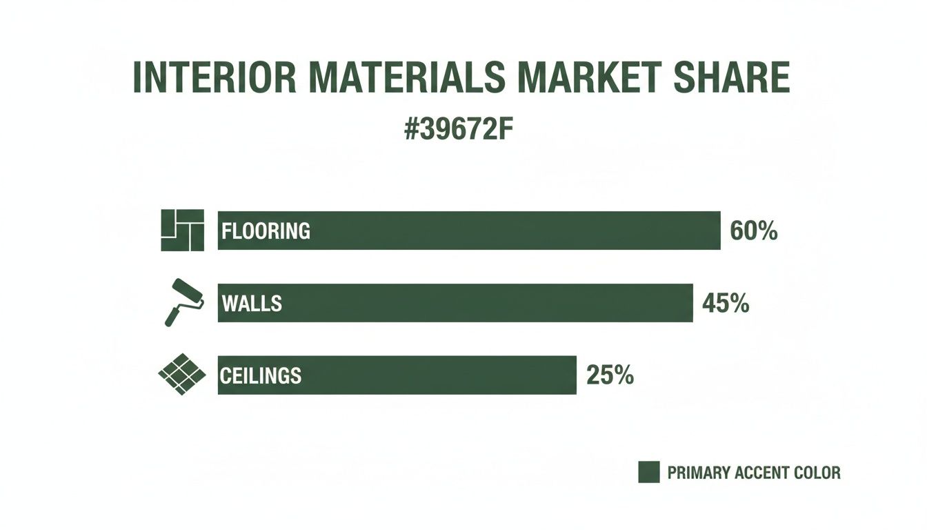 Bar chart displaying interior materials market share: Flooring 60%, Walls 45%, and Ceilings 25%.