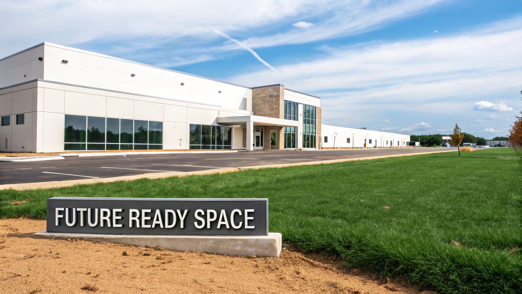 A modern, sustainable commercial building with large windows and green landscaping under a clear blue sky.