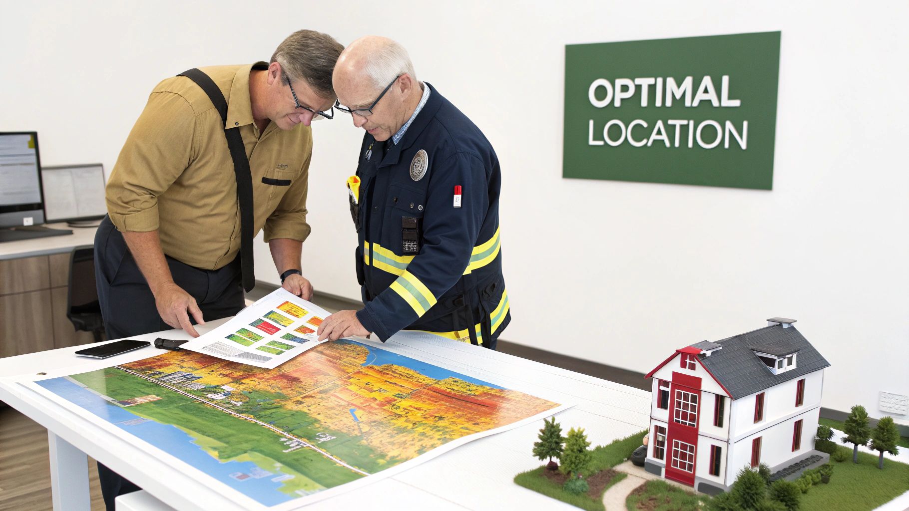 Two men, one in a fire uniform, discuss property development plans with maps and a model house for an optimal location.
